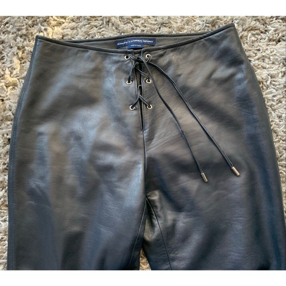 NEW nwot RALPH LAUREN SPORT navy blue TIE FRONT LEATHER VINTAGE PANTS sz 8 - Picture 2 of 11